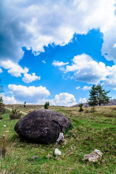 グリーンヒルズは伝統的景観の背景に曇り空に。ルーマニアの田園地帯でハイキング パラダイス. — ストック写真
