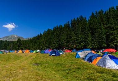 PADINA FEST, ROMANIA - AUGUST 2, 2015: Hikers camp near forest at Padina in Romania on August 2, 2015