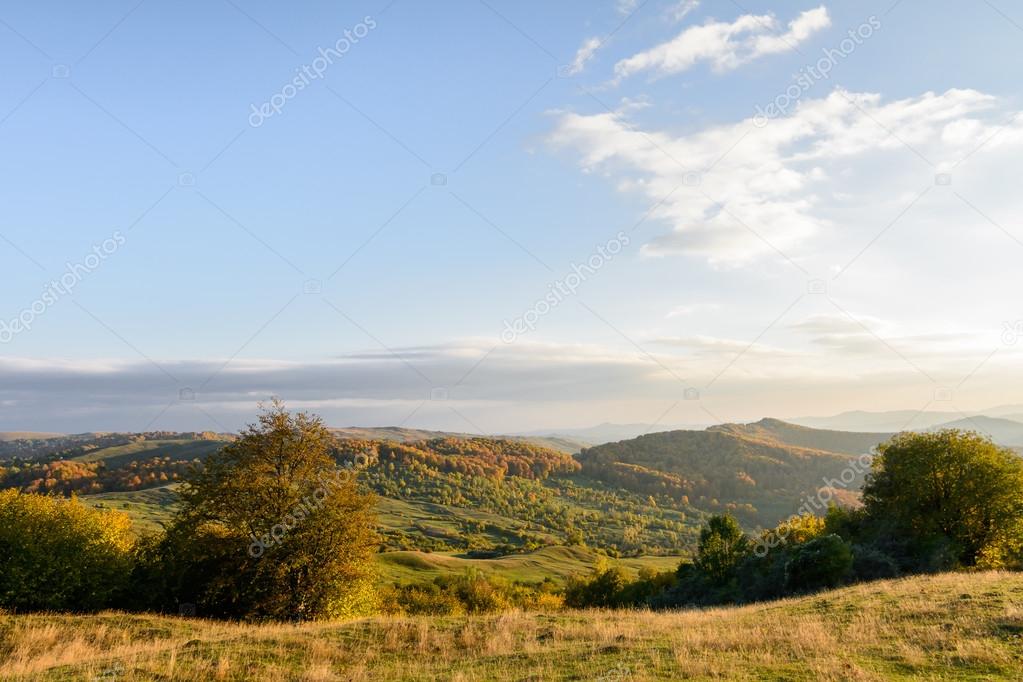 Mountain autumn landscape with colorful forest. Horizontal panor