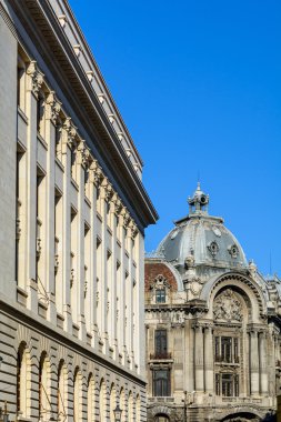 Buildings with windows and blue sky. Picture with architectural 