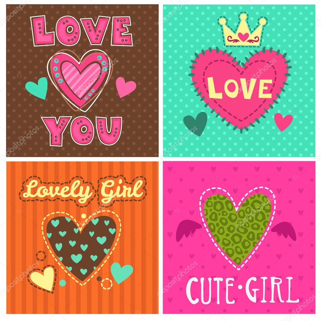 Funny girlish prints set, cute girlie illustrations for typography or textile design