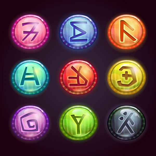 Круглі барвисті кнопки з фантастичними символами — стоковий вектор