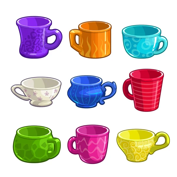 Grappige cartoon kleurrijke thee en koffie cups — Stockvector