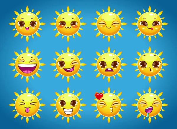 Cute cartoon sun character emotions — Stock Vector