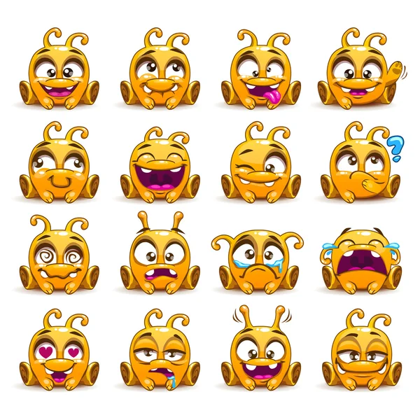 Divertido amarillo carácter alienígena emoticonos conjunto — Archivo Imágenes Vectoriales