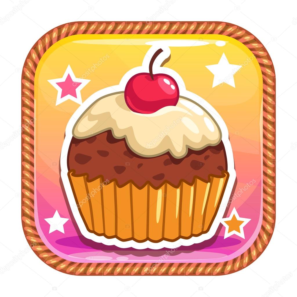 App icon with cute sweet cartoon cupcake, pretty vector asset for web or game design, cake store logo element, gui asset