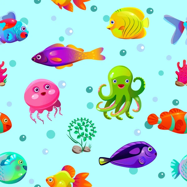Funny seamless pattern with underwater characters — Stock Vector