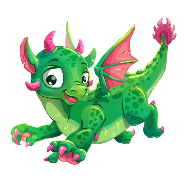 Little cute green flying young dragon — Stock Vector