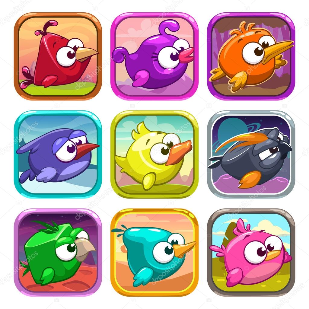 Funny cartoon birds app icons, game ui design elements, vector app store assets