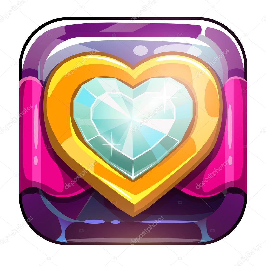 Beautiful vector app icon with golden heart on crystal background, vector game asset for gui design, application store icon, game logo element