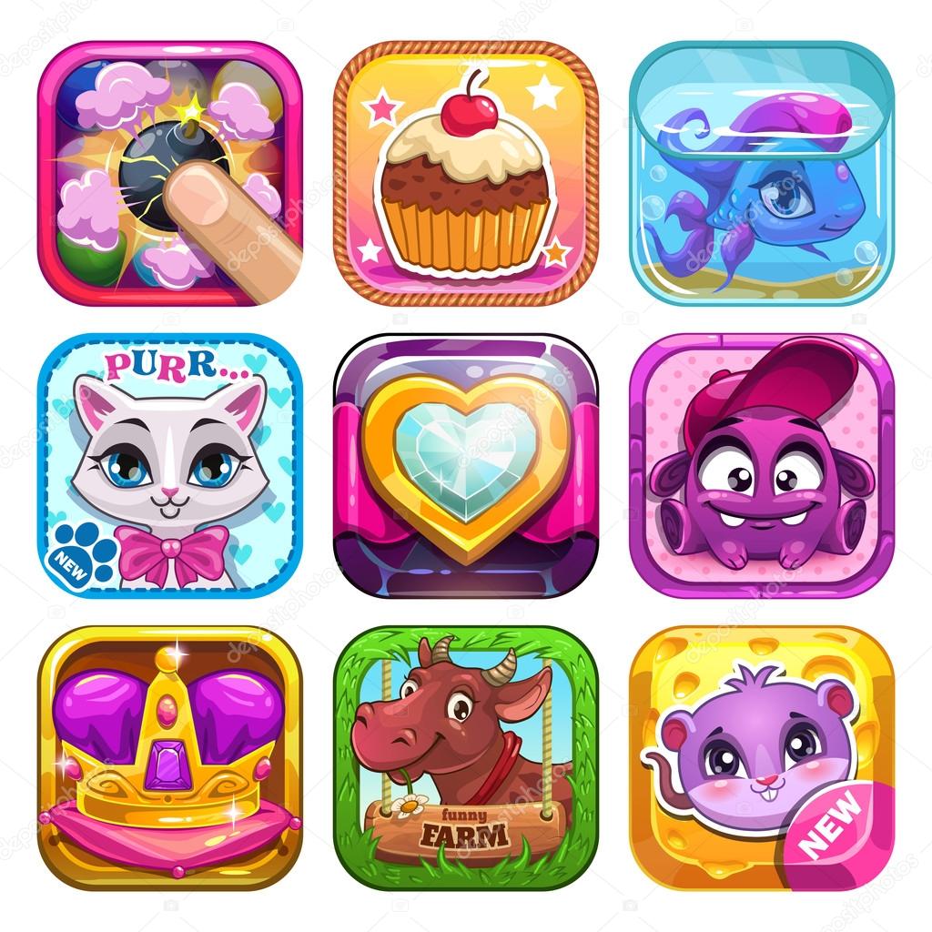 Funny cartoon kids games elements, app icons set, vector application store assets