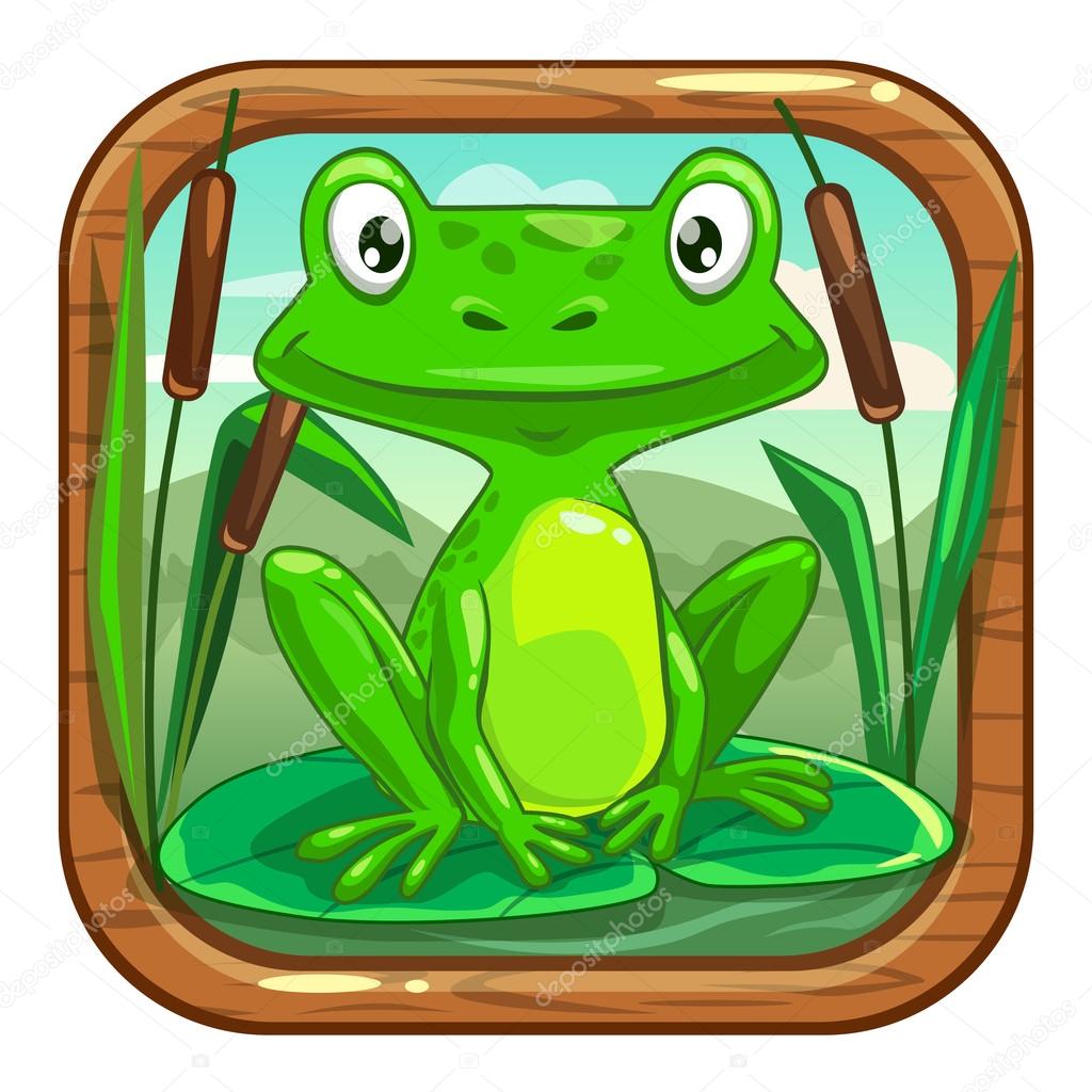 Funny app icon for application store logo with cute cartoon little green frog sitting on the leaf in the swamp. Kids game asset, vector illustration.