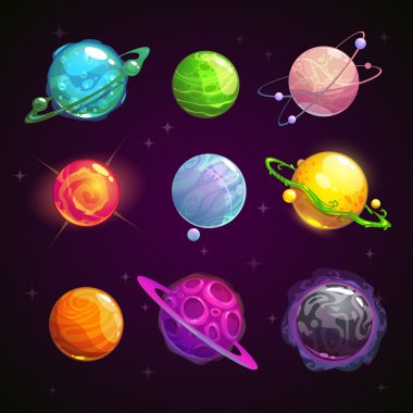 Colorful cartoon fantasy planets set clipart
