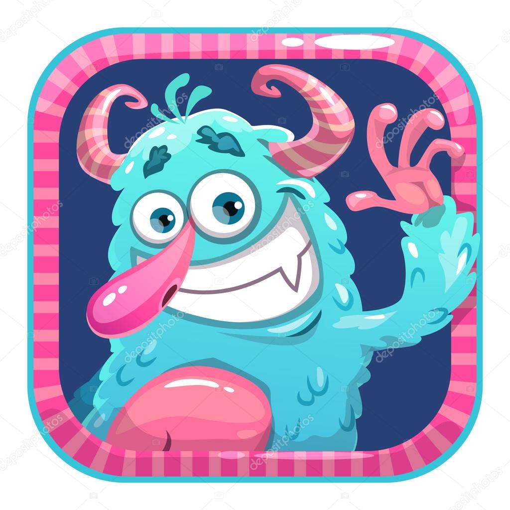 App icon with blue fluffy funny monster. Vector game asset.