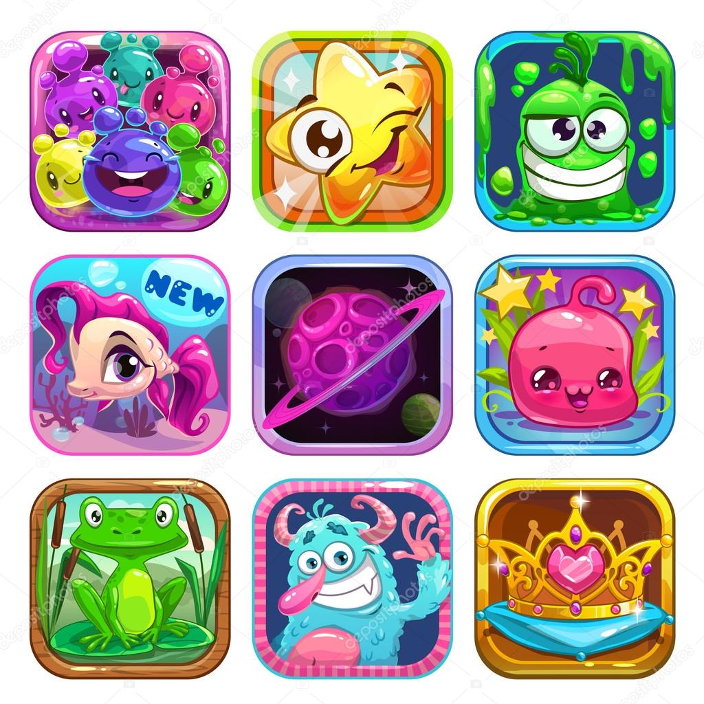 Funny cartoon kids games elements, app icons set, vector application store assets