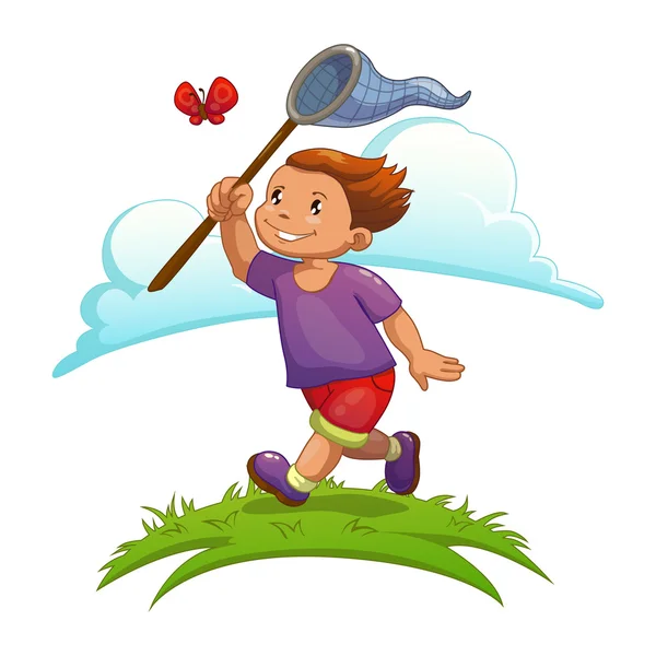 Cartoon boy is catching butterfly — Stock Vector