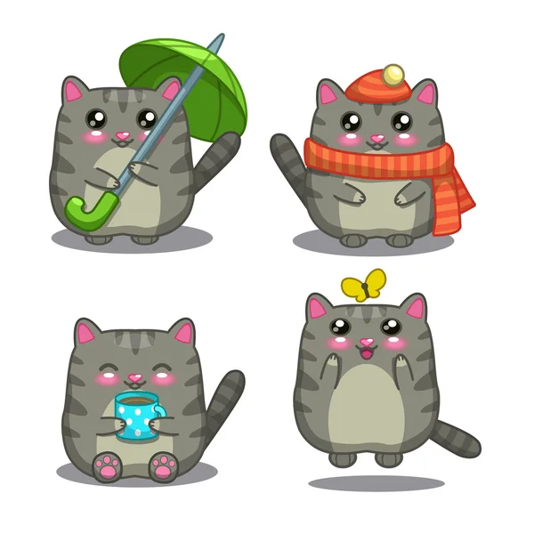 Lindo gato gris grasa en diversa actividad — Vector de stock