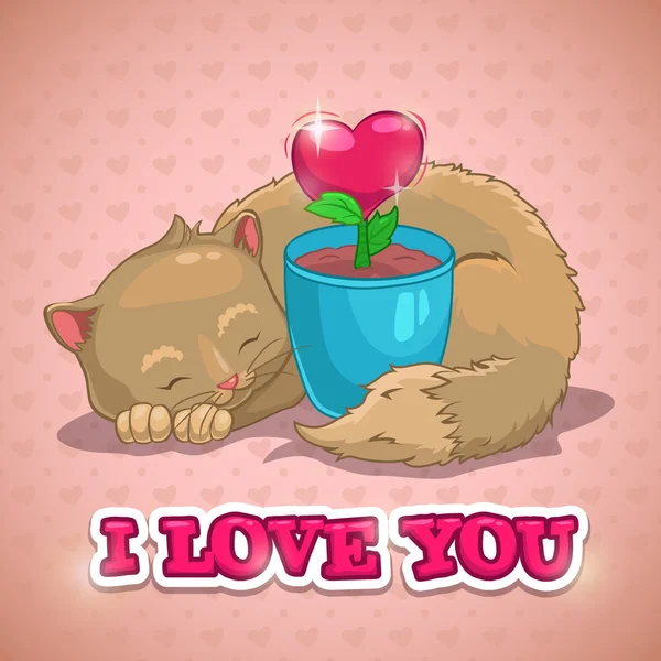 Gato durmiente y planta del corazón — Vector de stock