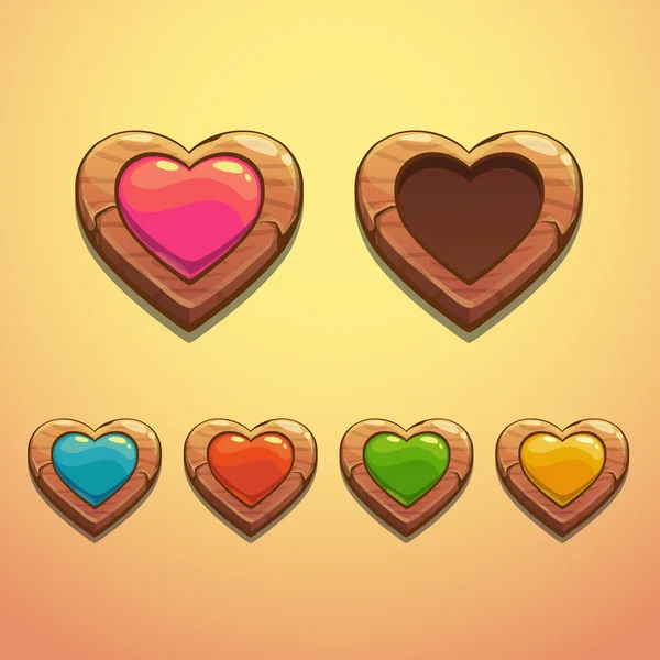 Corazones de madera de dibujos animados — Vector de stock