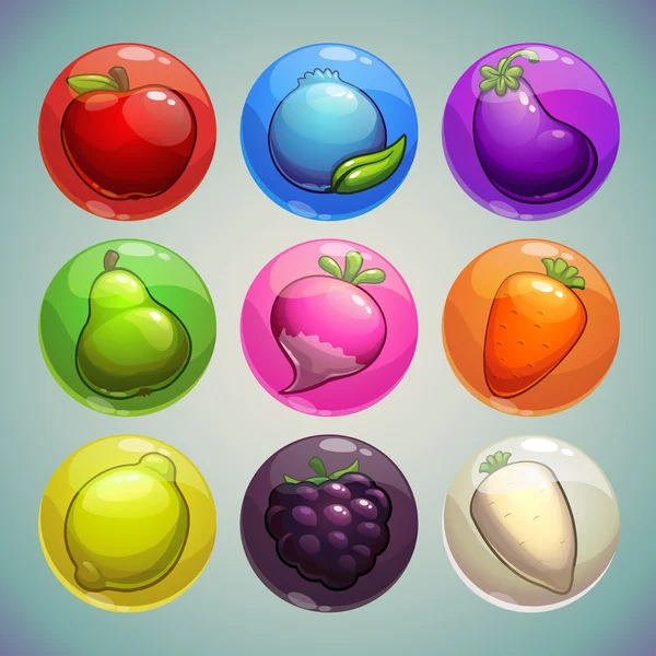 Набор красочных пузырьков с фруктами и овощами — стоковый вектор
