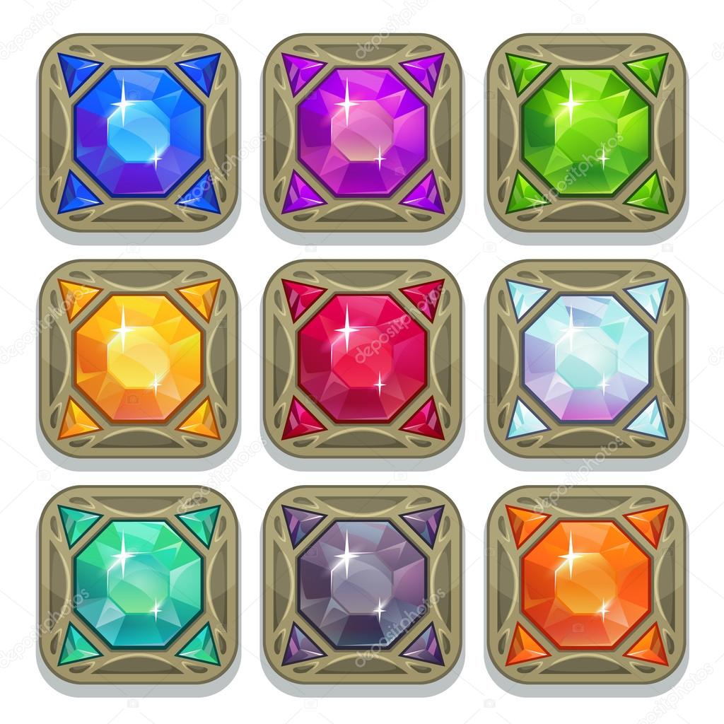 Set of colorful magic gemstones, square shape amulets, vector game elements