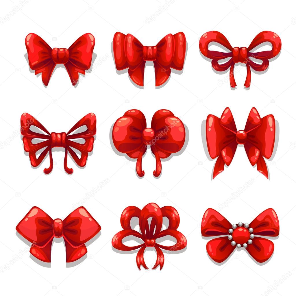 Cute red satin bows set, vector isolated elements