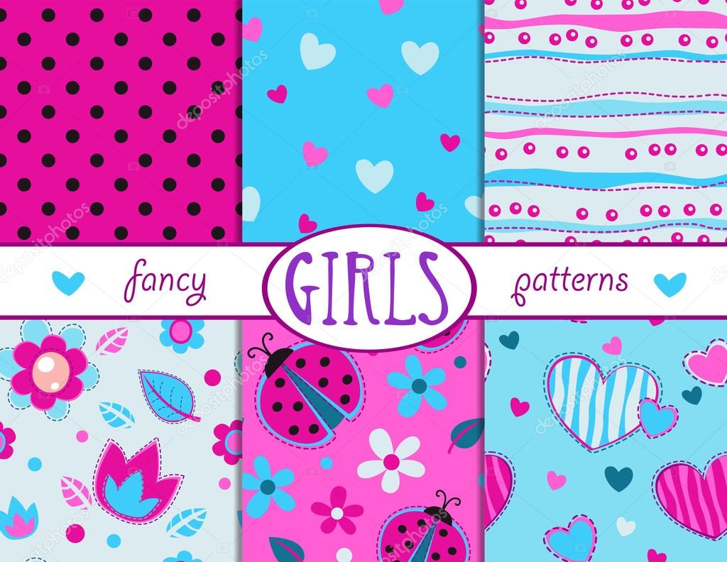 Cute girlish seamless patterns set