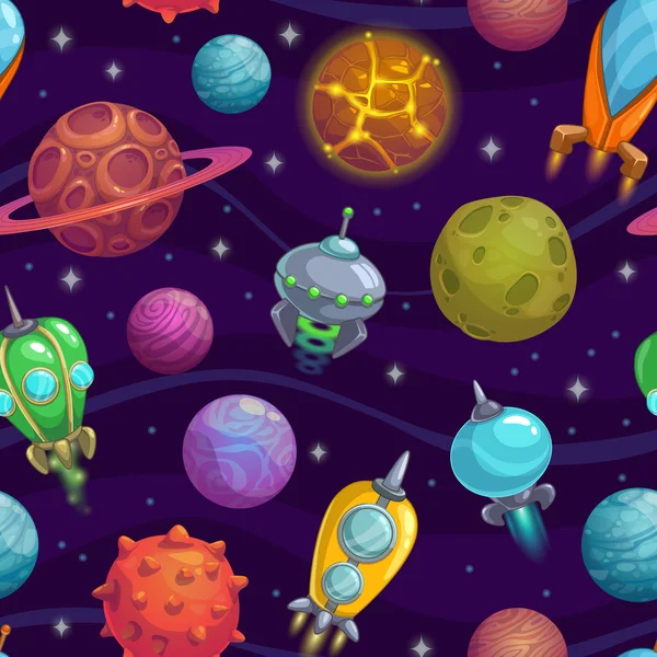 Seamless space pattern with cartoon planets and space ships