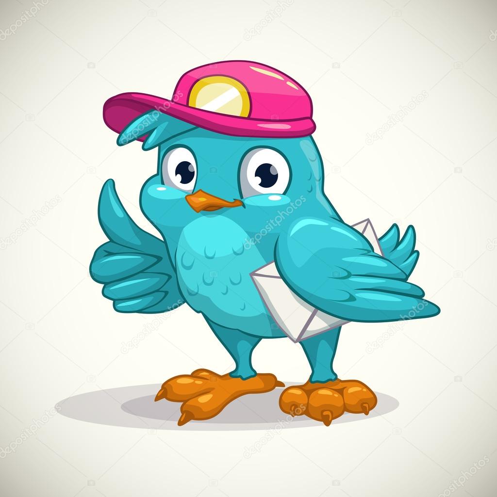 Funny blue cartoon bird with letter, vector illustration