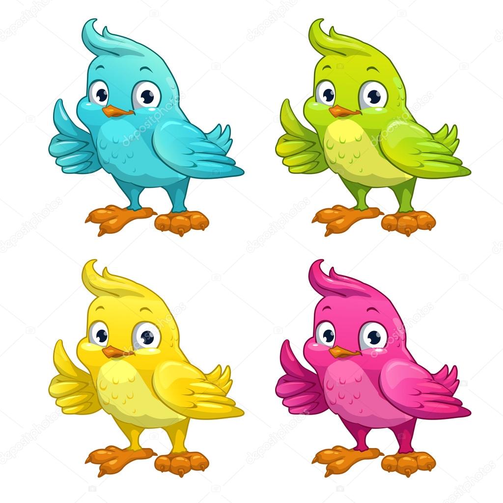 Funny cartoon vector bird, different color variants, isolated on white