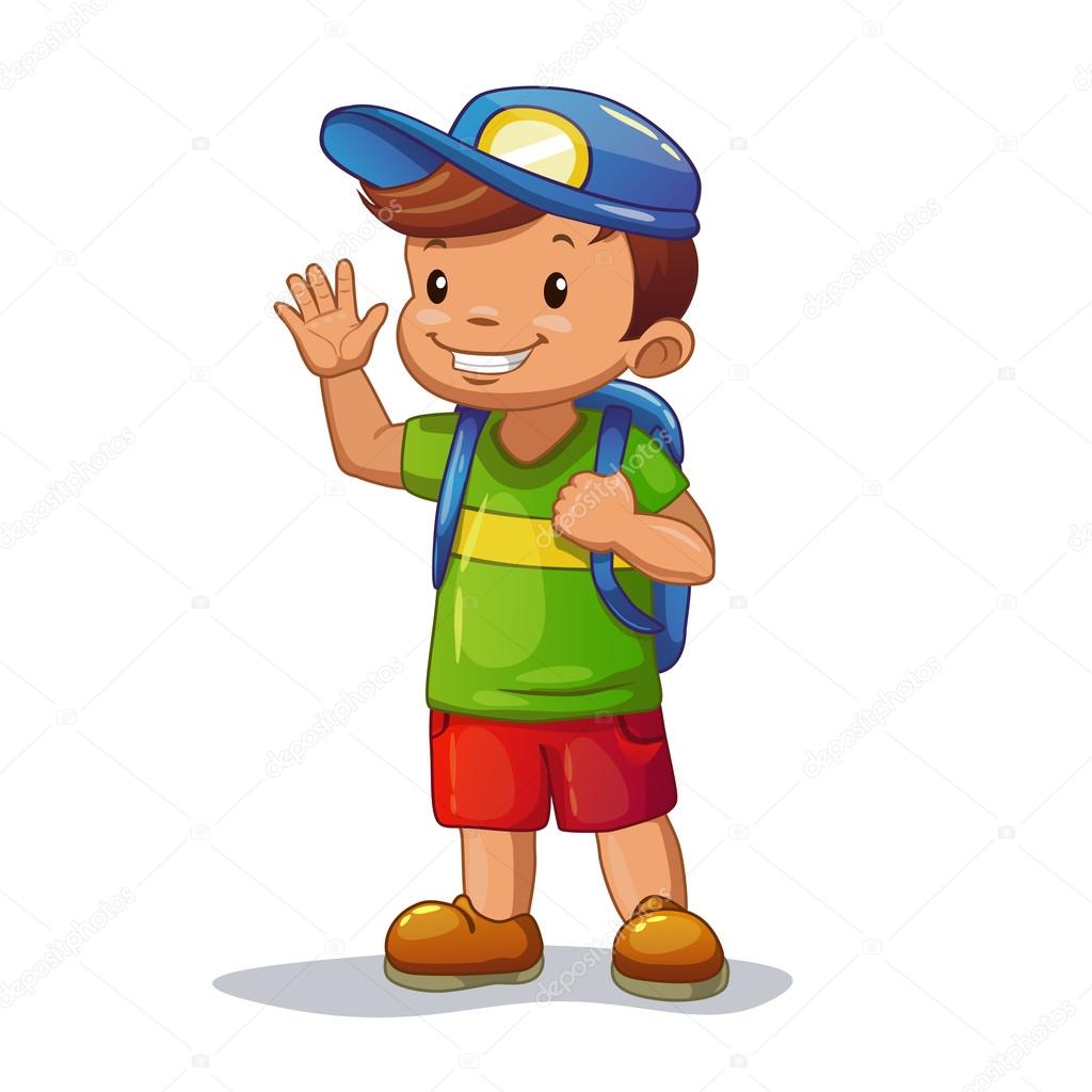 Funny cartoon little boy with school bag