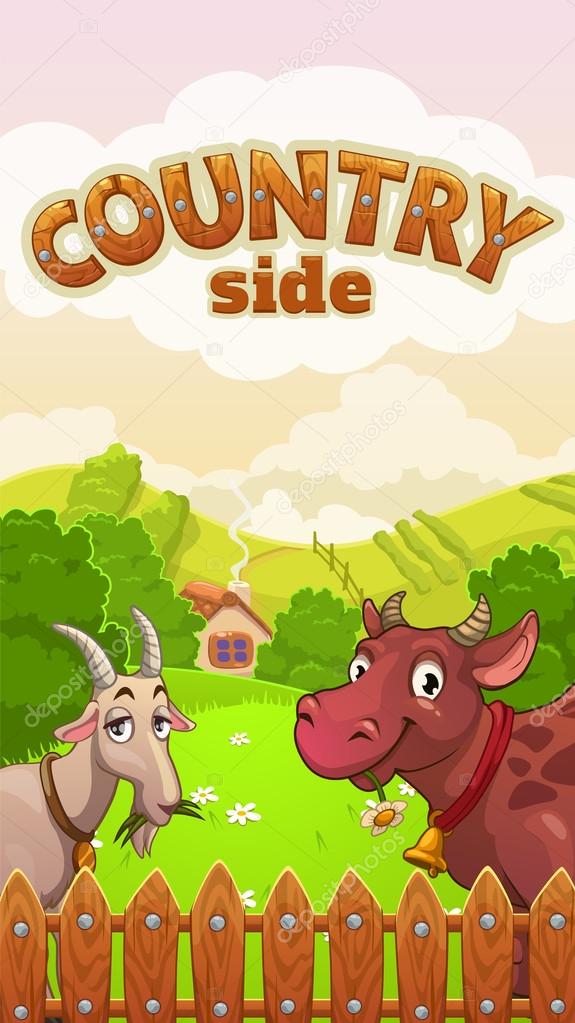 Cartoon countryside landscape with funny cow and goat, vector illustration