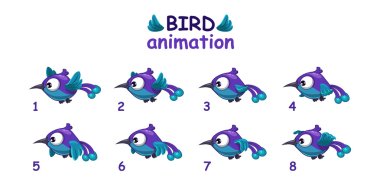 Funny blue cartoon bird flying sprites