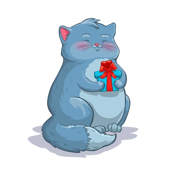 Cute cartoon fat grey cat with gift box — Stock Vector