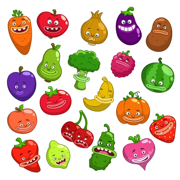 Personajes divertidos de frutas y verduras de dibujos animados — Vector de stock