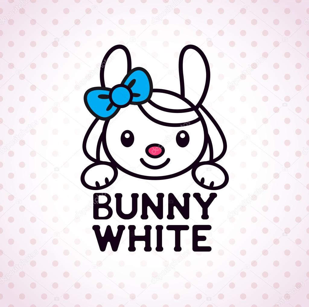 Little white bunny girl, linear logo element, funny kids vector illustration