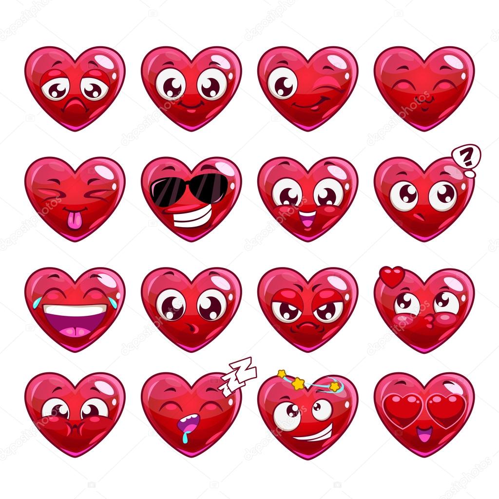 Funny cartoon heart character emotions set