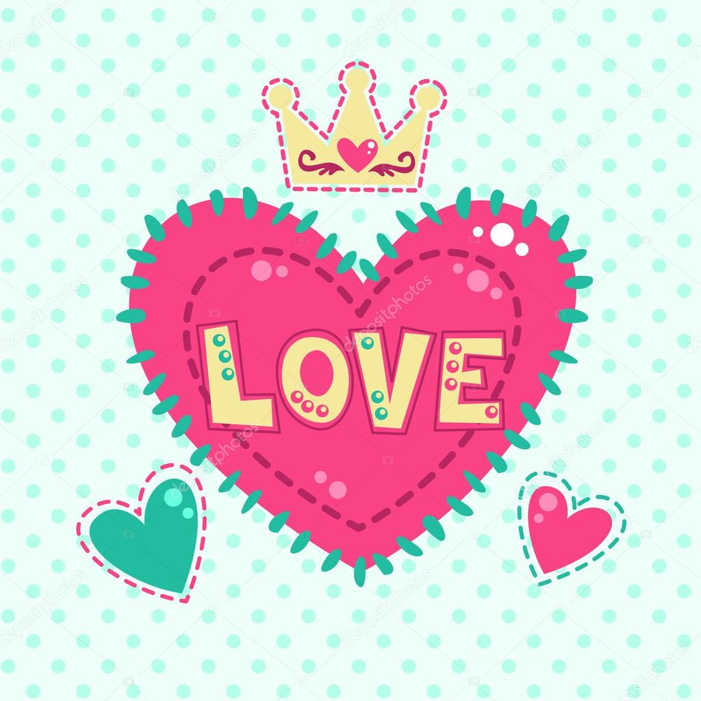 Cute girlish fashion illustration with hearts and crown, vector template for girls t shirt print design