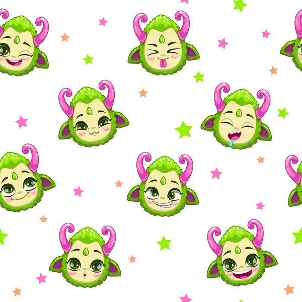 Seamless pattern with cute green monster faces