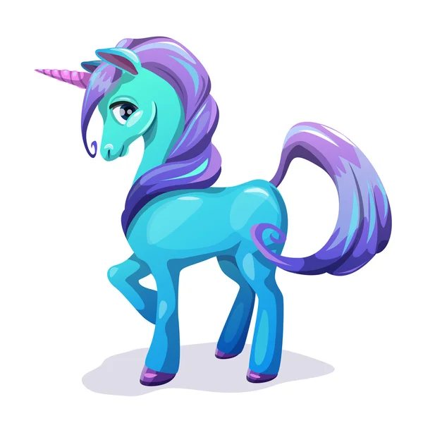 Lindo unicornio azul de dibujos animados con pelo morado — Archivo Imágenes Vectoriales