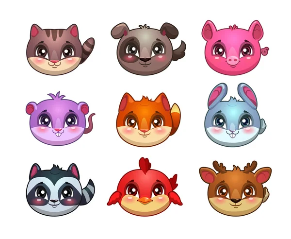 Divertidos dibujos animados pequeños animales lindos caras — Vector de stock