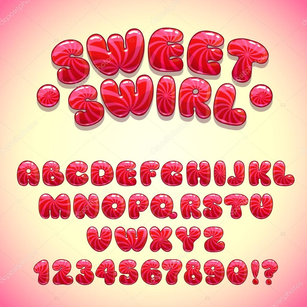 Funny sweet font, vector red candy alphabet and numbers