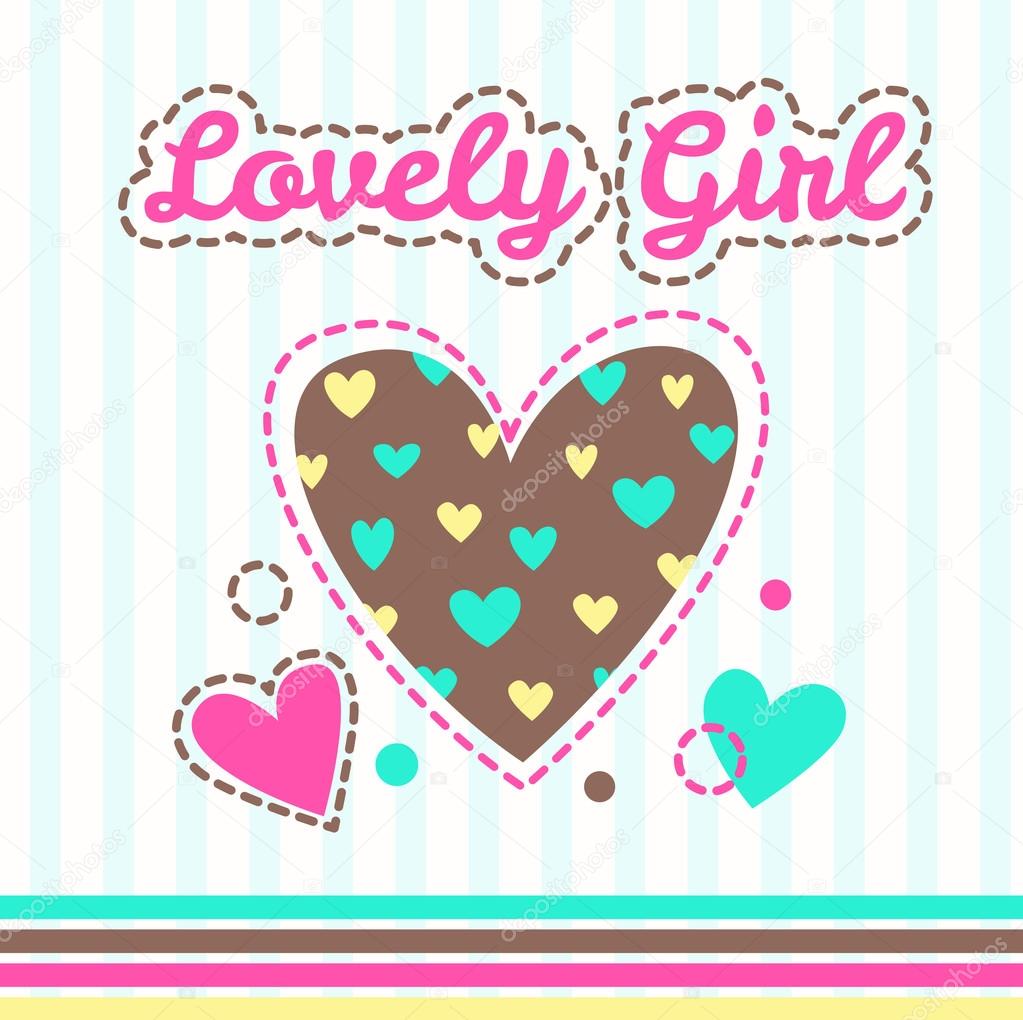 Cute girlish illustration with hearts for textile design
