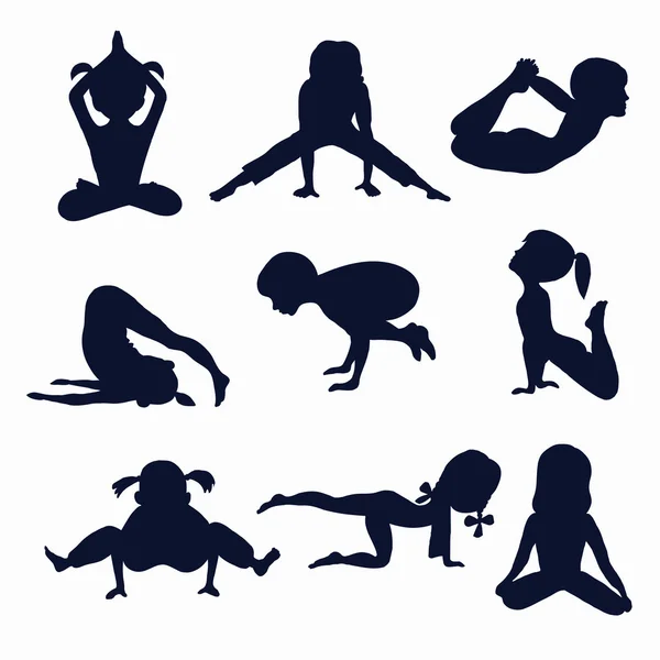 Set van 9 pictogrammen kids yoga houdingen silhouet — Stockvector