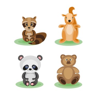 Komik hayvan ayı, sincap, Rakun ve panda orman vektör kümesi