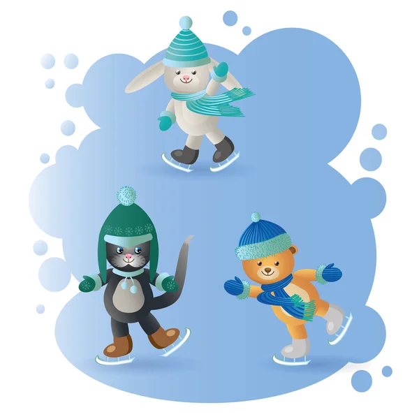 Vetor animais engraçados patinando no gelo azul — Vetor de Stock