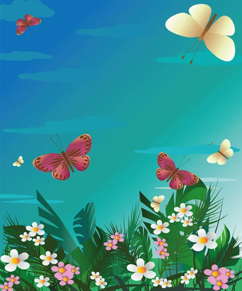 Kelebek ve çiçek mavi gökyüzü arka plan üzerinde vektör yaz yatay