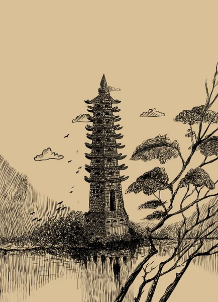 Vector Chinese landschap met toren — Stockvector