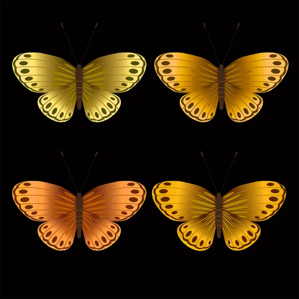 Set of golden butterflieson a black background — Stock Vector