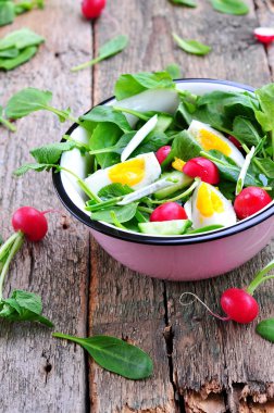 Salata salatalık, turp, ramson, ıspanak, haşlanmış yumurta ve zeytin yağı.